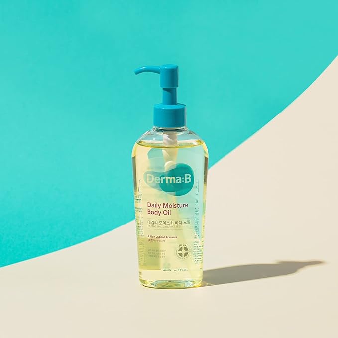 Derma B | Daily Moisture Body Oil | 99% Natural Argan & Sweet Almond Oil | Shower Oil for Dry Sensitive Skin | Light & Long-Lasting Hydration | Skin Body Care Oil with Peach Scent | 6.78 fl oz (200ml)