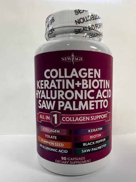 NEW AGE Collagen Pills Biotin Keratin Saw Palmetto Hyaluronic Acid - Hair Skin and Nails Vitamins and DHT Blocker with Vitamin E Folic Acid Pumpkin Seed MSM- 90 Count