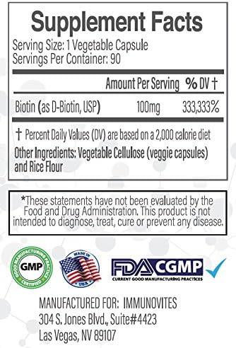 3-Pack High Dose Biotin (as d-Biotin, USP) 100mg (Equivalent to 100,000mcg) 90 Capsules, High Potency (3)