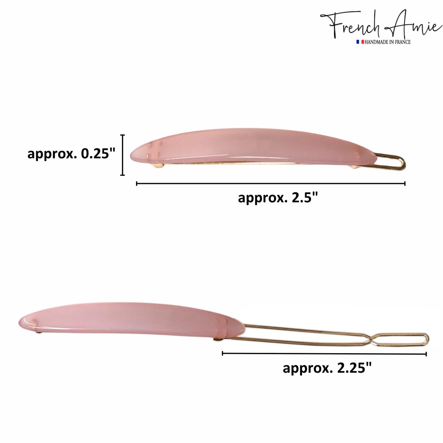 French Amie Narrow Oblong Small 2 1/4" Celluloid Acetate Set of 2 Side Slide In Hair Clip Barrettes with Tige Boule Clasp for Girls and Women, Made in France (Blush Pink)