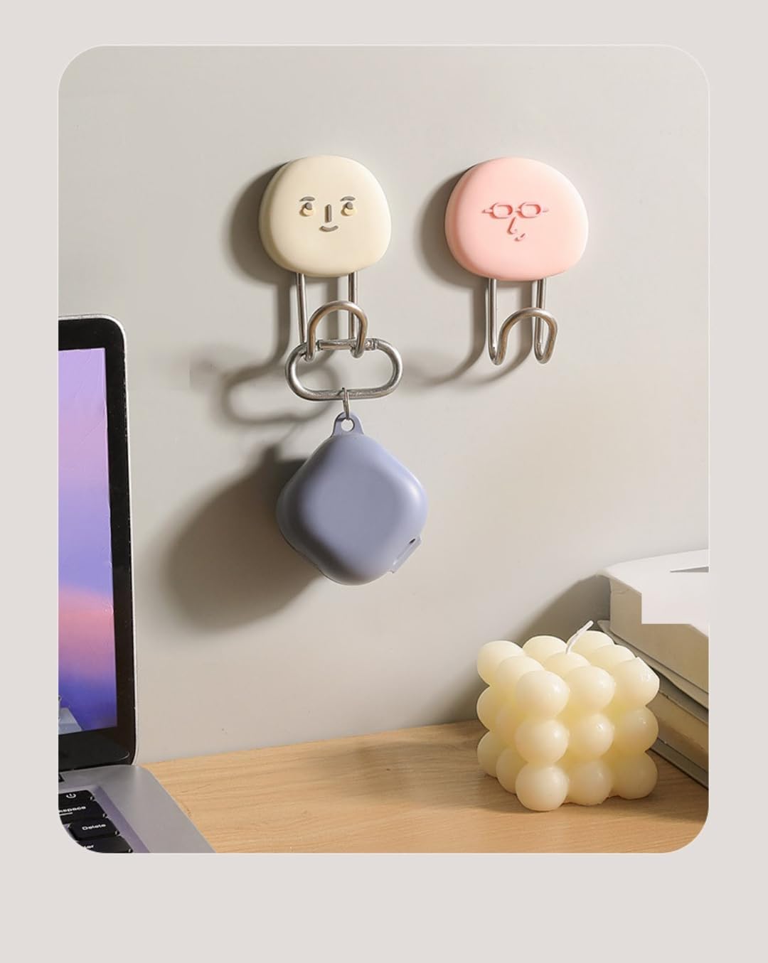 Smiley Face Adhesive Wall Hooks - 11lb/5kg Heavy Duty Hold, No Drill Damage Free Removable Hooks for Kitchen, Bathroom, Dorm - 2 Pack (Cream & Blush)