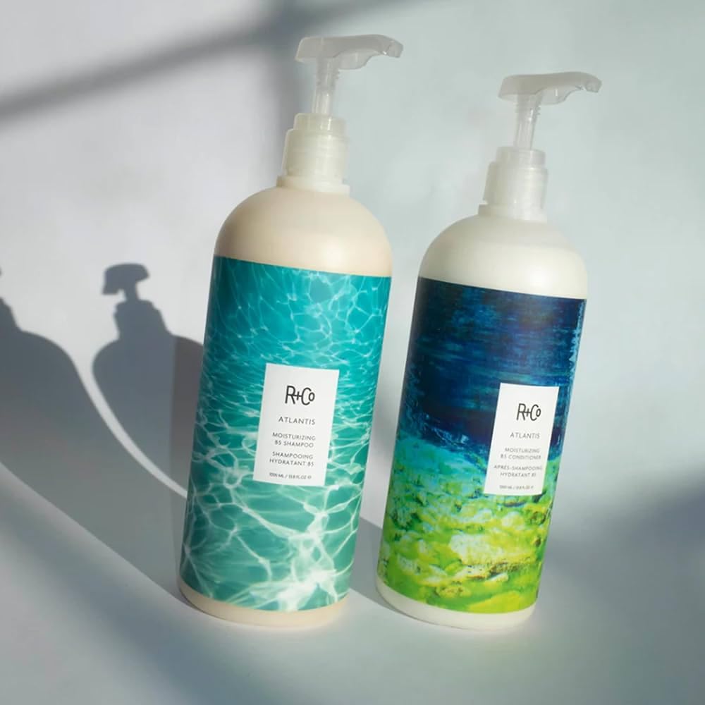 R+Co Atlantis Moisturizing B5 Shampoo & Conditioner Set + Deluxe Sample (0.5oz) | Deep Hydration & Repair for Dry Hair | Vegan + Cruelty-Free | 33.8oz (Pack of 2)