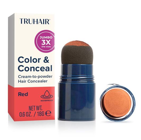 TRUHAIR Jumbo Color & Conceal Waterproof Root Touch Up Hair Color for Gray Hair Coverage - Instant Root Cover Up Hair Powder for Women & Men - Bald Spot Concealing, Hairline Filling (Red)