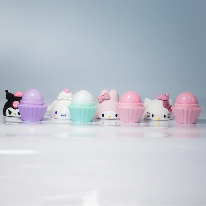 25 Glam Lux Bundle Kawaii Cupcake Scented Lip Balm Set, Hello Kitty & Friends Characters, 4 Pack, Moisturizing Formula Kuromi Melody Hydrating Yummy Scented