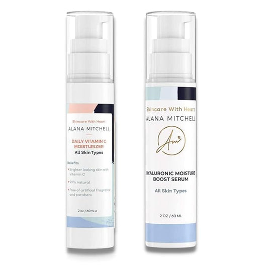Alana Mitchell Skin Care Set – Anti-Aging Peptide Under Eye Cream + Hyaluronic Acid Serum + Vitamin C Face Moisturizer – Anti Aging Skin Care Kit to Reduce Dark Circles, Fine Lines & Smooth Skin