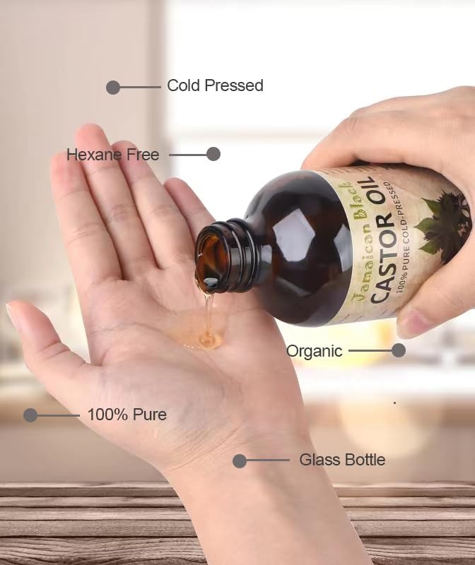 Jamaican Black Castor Oil, Organic Castor Oil Cold Pressed Unrefined Glass Bottle,Rich in Vitamin E, Omega Fatty Acids and Minerals Castor Oil for Face, Hair & Skin, Lashes & Brows, Nail Care 8OZ