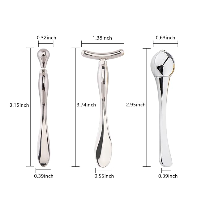 BetterJonny 3Pcs Metal Eye Cream Applicator Roller Wand Stick, Cosmetics Spoon Eye Cream Massager Wand Girls Women Facial Massager for Fatigue Relief Reduce Puffiness (Silver)