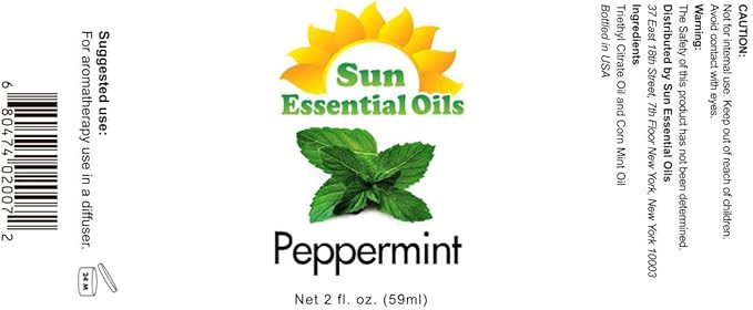 Sun Essential Oils - Peppermint Essential Oil (2 oz) for Diffuser, Humidifier, Skin & Aromatherapy Body Massage, Candle & Soap Making for Home