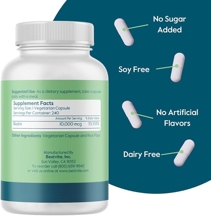 BESTVITE Biotin 10,000mcg (240 Vegetarian Capsules) - No Stearates - No Dicalcium Phosphate - No Artificial Sweeteners - No Flavors - No Flow Agents - Vegan - Non GMO - Gluten Free