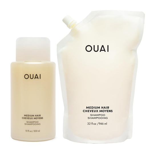 OUAI Medium Shampoo + Refill - Hydrating Shampoo with Coconut Oil, Babassu, Kumquat Extract and Keratin - Strengthens, Nourishes and Adds Shine - Sulfate Free Hair Care Products (2 Count, 10 Oz/32 Oz)