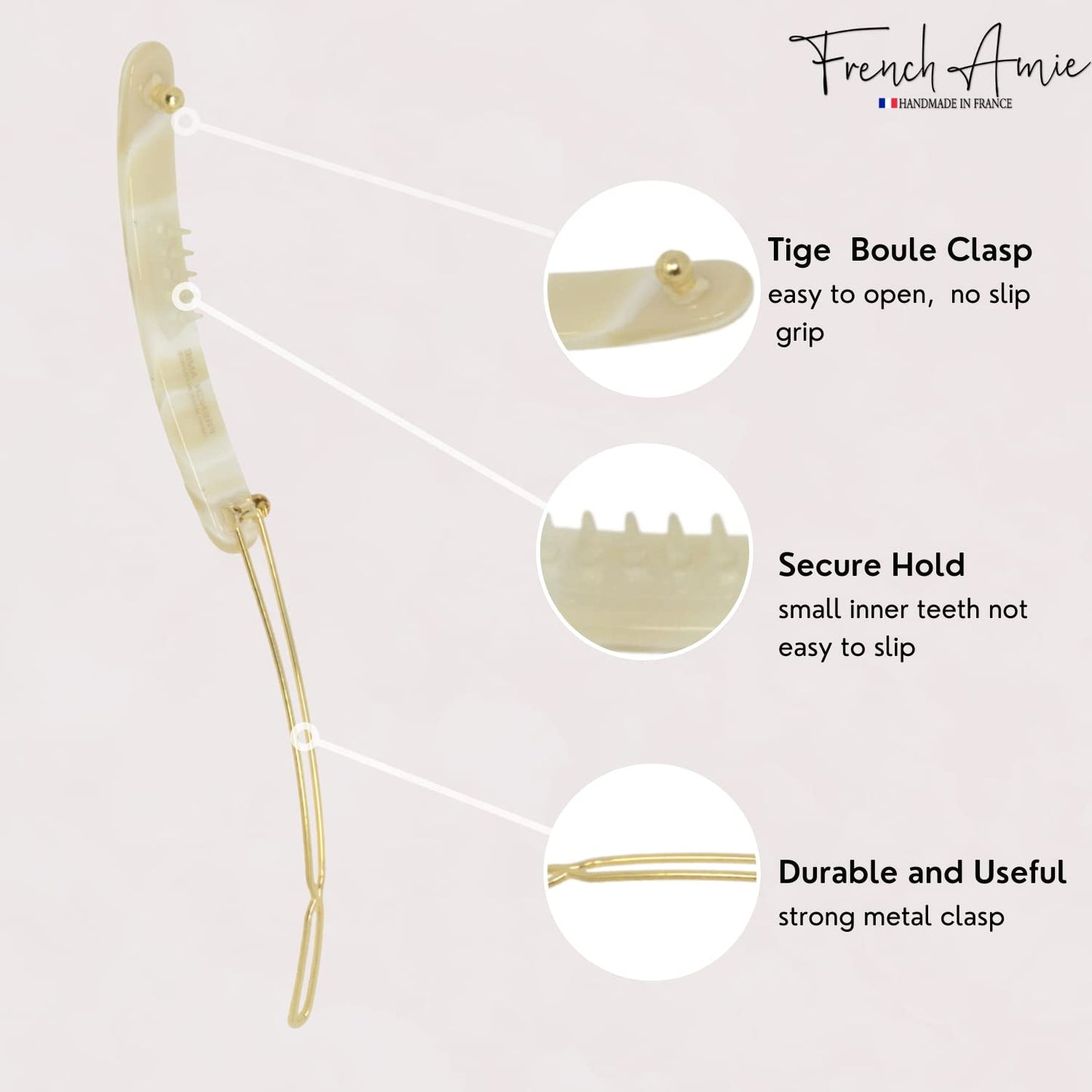 French Amie Rounded Oblong Small 2.5" Cellulose Set of 2 French Hair Clips Tige Boule Handmade Girls Side Slide-in Hair Barrette Clip (Cream Ivory)