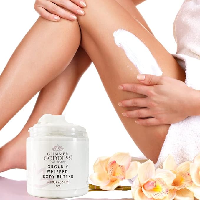 GLIMMER GODDESS Organic Whipped Body Butter- Lemon Cream, Vegan, 24 Hr Hydration, Less Stretch Marks, All Skin Types, Child-Safe, Organic, 8 oz