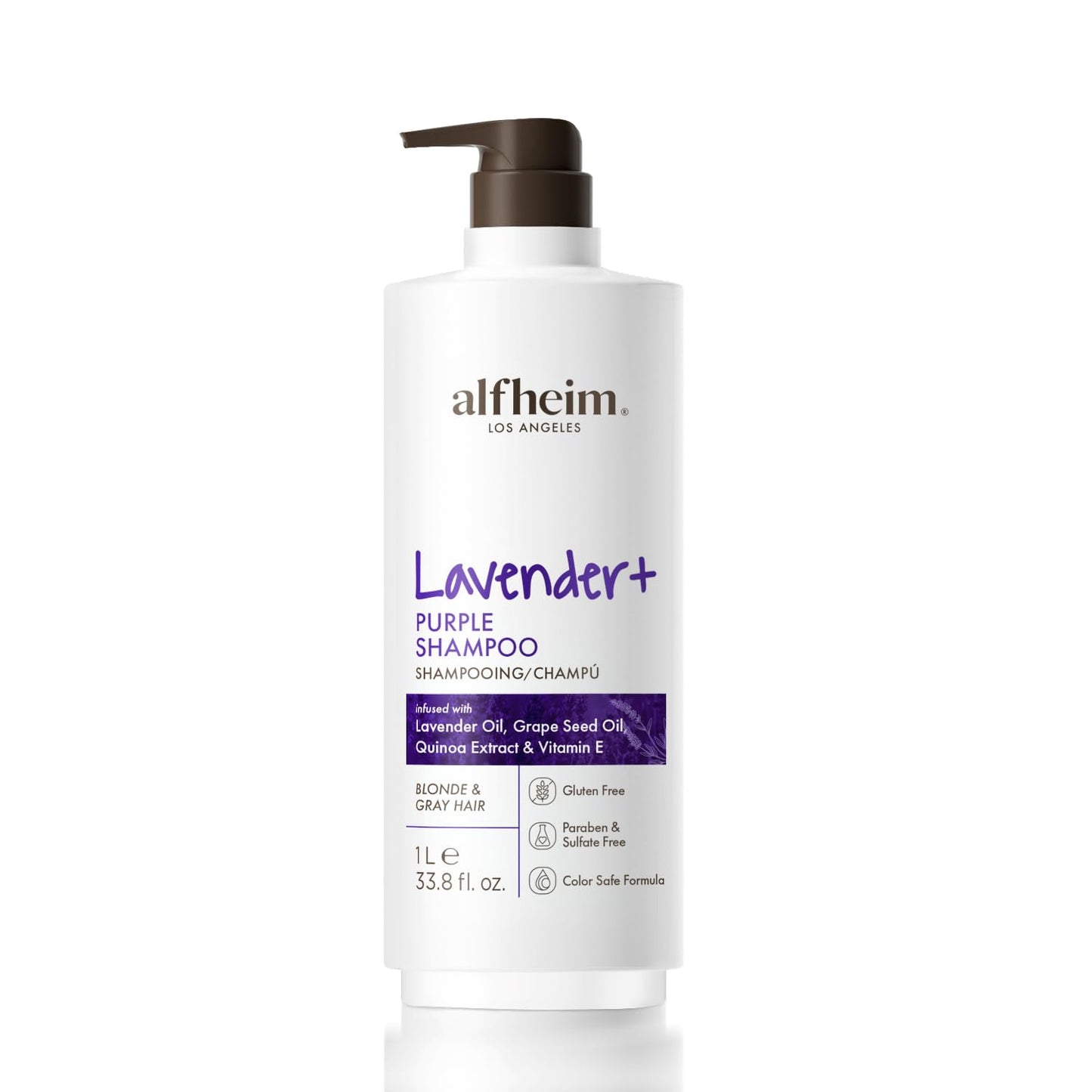 ALFHEIM Lavender+ Purple Shampoo for Blonde, Silver & Color-Treated Hair – Neutralizes Brass & Yellow Tones, Brightens Cool Shades – with Quinoa Extract & Vitamin E – Sulfate Free – 33.8 oz
