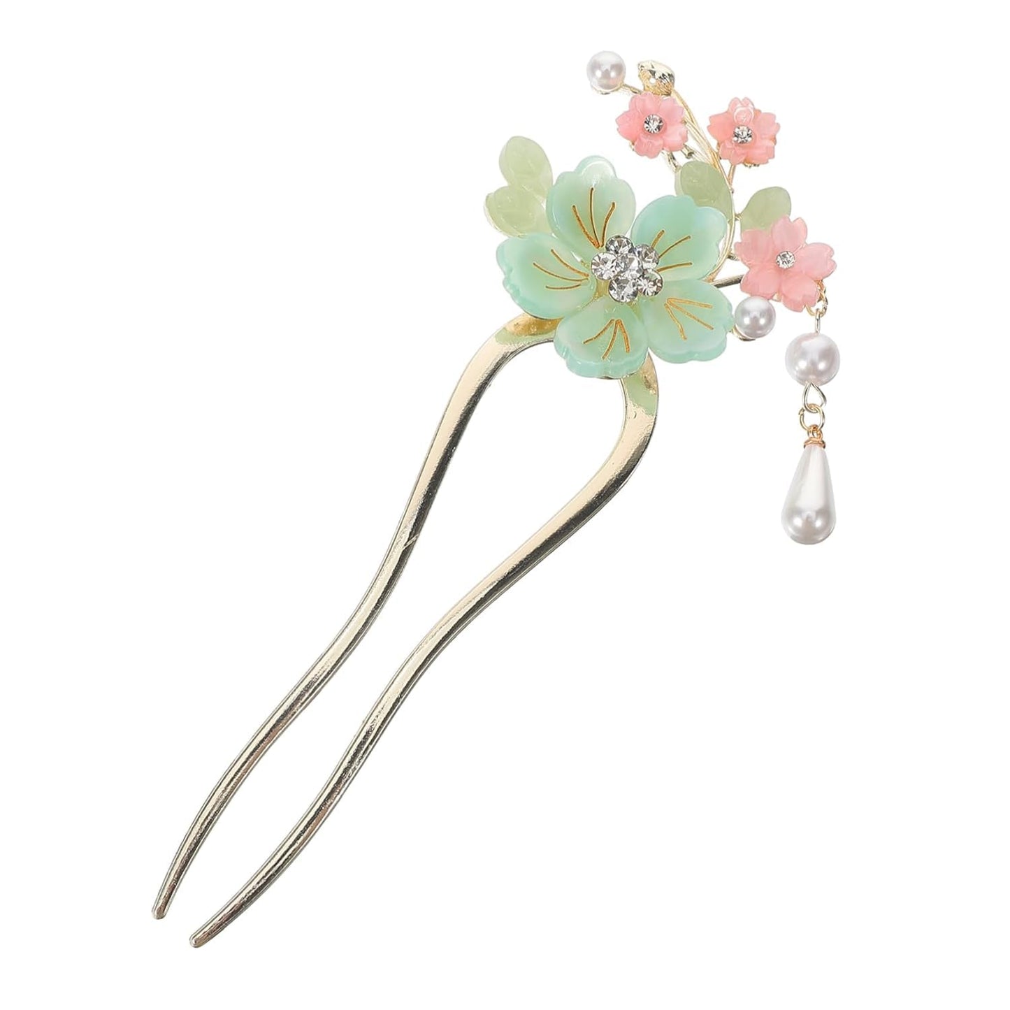 Ancient Style Elegant Flower Tassel Hairpin, Vintage Floral Hair Pin, Mint Green and Pink Flowers with Pearl Tassel, Chinese Style Hairpin Hair Accessories