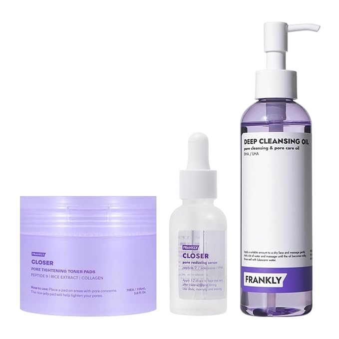 FRANKLY Pore Perfecting Set : Closer Serum, Toner Pads & Cleansing Oil | Deep Cleansing, Hydration, Pore Refining | For Sensitive, Oily & Acne-Prone Skin | Vegan & Fragrance-Free| Korean Skincare set