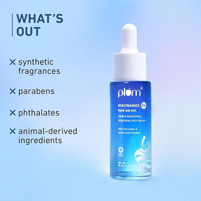 Plum 5% Niacinamide Face Serum for Clear & Bright Skin | with Rice Water | Provides Clear, Glowing & Brightening Skin | Lightweight & Beginner Friendly Serum for Women & Men | All Skin Types | 1 fl oz
