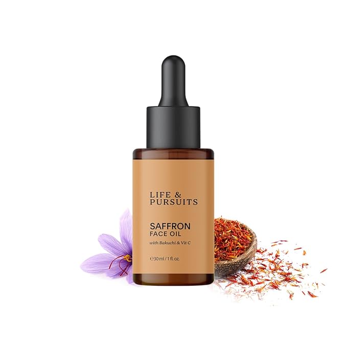 Life & Pursuits Saffron Face Oil 1 Fl Oz with Kashmir Saffron, Bakuchi, Vitamin C for Face Brightening, Moisturizing, Dark Spots, Fine Lines, Wrinkles. Lightweight Daily Face Massage oil | Anti-Aging