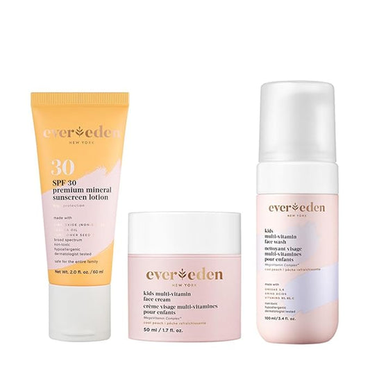 Evereden Daily 1-2-3 Routine Bundle: Clean & Vegan Skin Care Set for Kids - Hydrating & Nourishing Tween Skincare Set with Multi-Vitamin Face Wash, Face Cream, Lotion, & SPF 30 Mineral Sunscreen