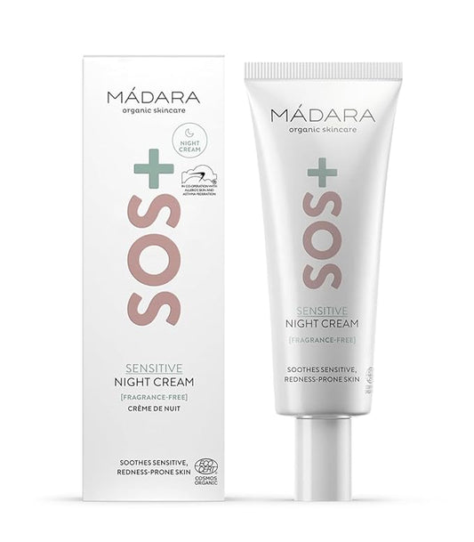 MÁDARA Organic Skincare | SOS+ SENSITIVE Night Cream, – Calming moisture for sensitive, reactive and redness-prone complexions, Dermatologically proven to soothe redness, Fragrance and colourant-free