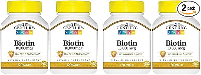 21st Century Biotin Tablets, 10,000 mcg,2 Count (Pack of 2)