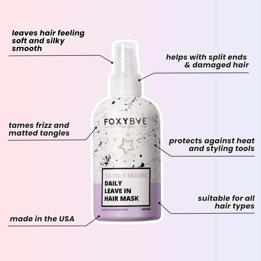 FoxyBae Hair Mask for Dry Damaged Hair and Growth - Overnight Hair Mask Treatment with Biotin & Shea Moisture - 8 Oz, Leave-in Conditioner Spray