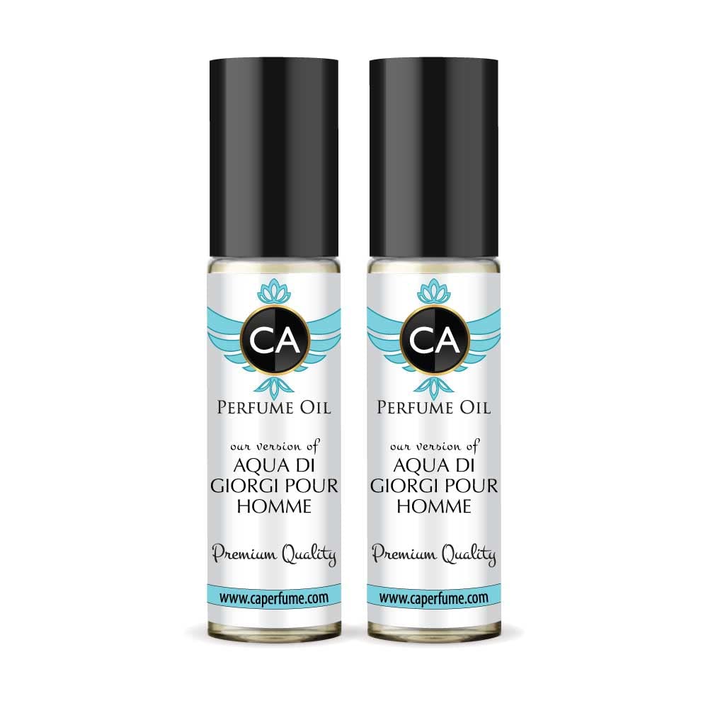 CA Perfume Impression of Aqua Di Giorgi Pour Homme Eau De Parfum Woody Aquatic Scent Long Lasting Cologne for Men Travel Size TSA Ready for Day and Night Wear 0.33 Fl Oz 10ml (Pack of 2)