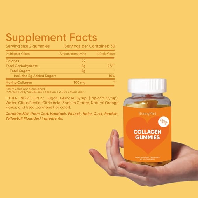 SkinnyMint Collagen Gummies Supplement for Healthy Skin, Nails & Hair Support, Gluten Free Collagen Chewable Gummies for Men & Women, Natural Orange Flavor -60 Count(180G)- 1 Month Supply