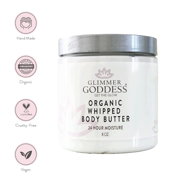 GLIMMER GODDESS Organic Whipped Body Butter- Frankincense&Myrrh, Vegan, 24 Hr Hydration, Less Stretch Marks, All Skin Types, Child-Safe, Organic, 8 oz