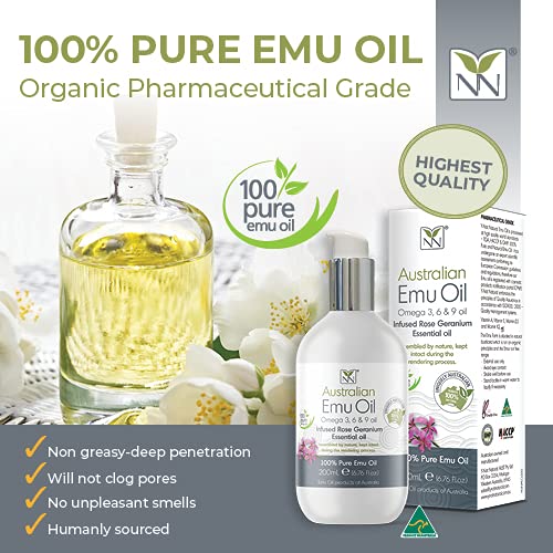 Y-Not Natural Ultra Pure Australian Emu Oil - Luxury, Hospital Grade Emu Oil 200 mL | Free Range Aboriginal Omega 3, 6 & 9 Oil Infused with Rose Geranium - The Ultimate Moisturizer for Skin, Hair, Nails, and Scalp