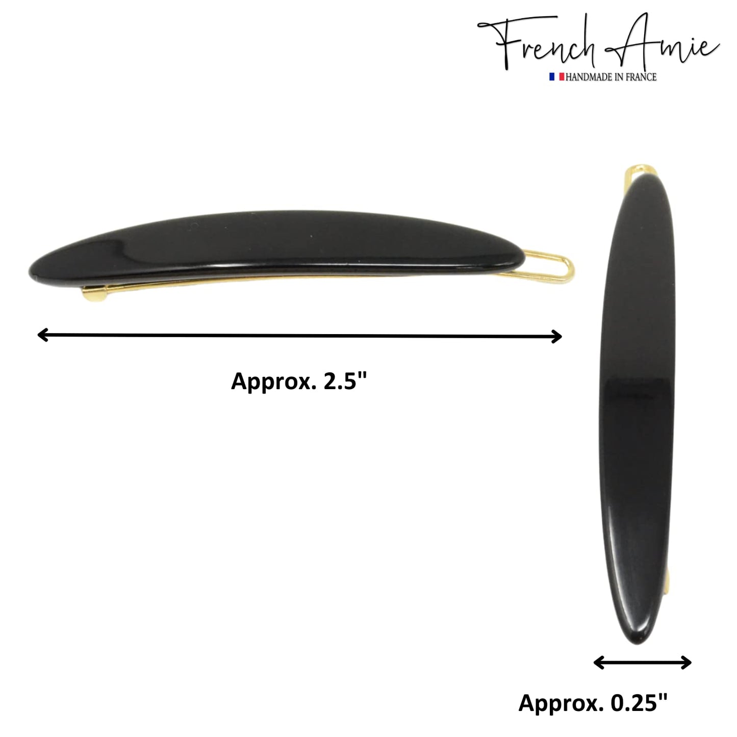French Amie Narrow Oblong Small 2 1/4" Celluloid Acetate Set of 2 Side Slide In Hair Clip Barrettes with Tige Boule Clasp for Girls and Women, Made in France (Solid Black)