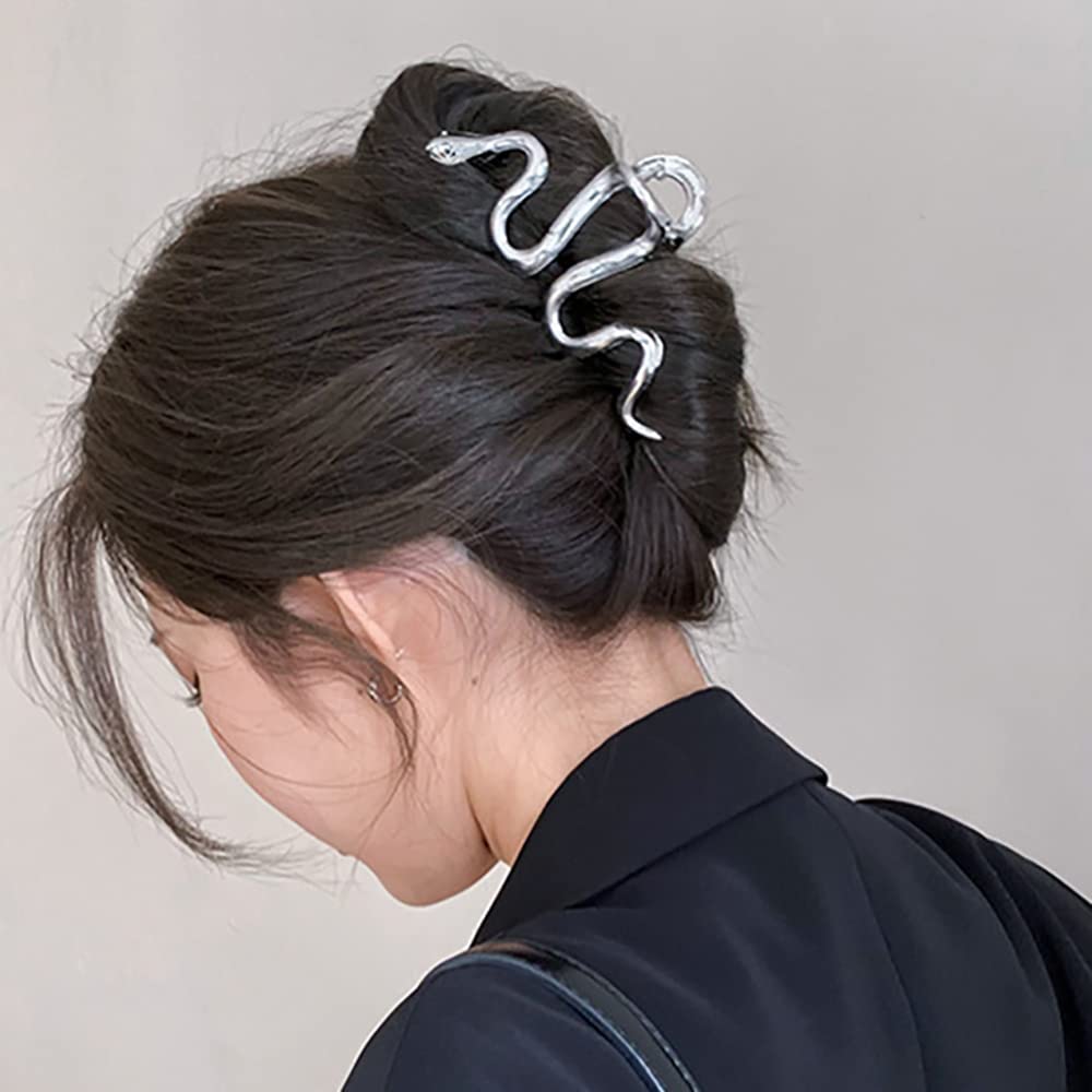 AIUPUOC Large Metal Silver Snake Accessories: Elegant Thick Hair Clips, Barrettes, Banana Hairpins for Women & Girls - 2Pcs