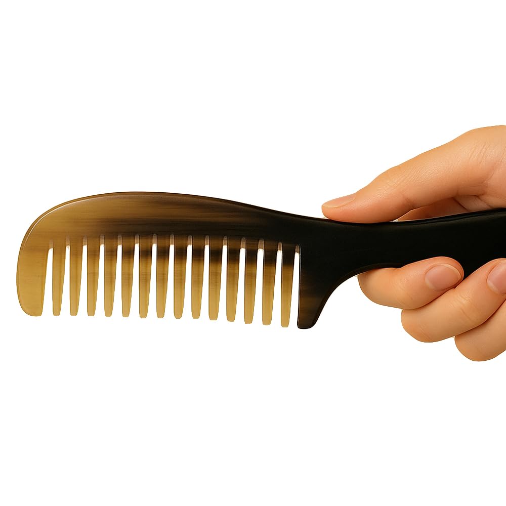 Natural Buffalo Horn Wide Tooth Comb, 8 Inch, Handcrafted Hair and Beard Detangling Comb, Black and Marbled
