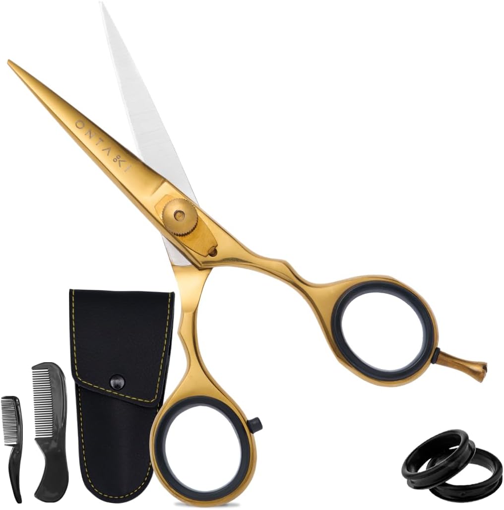 Ontaki Japanese Steel Beard & Hair Trimming Scissors - Precision Convex Blades Hair Cutting Scissors - Adjustable Tension Knob Barber Shears - Rubber Ring Grip & Mustache Comb - Gold Brass, 5.5 in