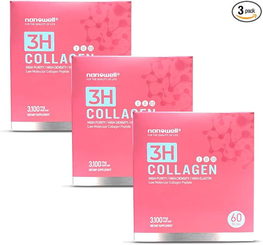 3H Collagen Peptide 60 Sticks X 3 Boxes for 3 Months - I, II, & III with Vitamin A,C, E Hydrolyzed Elastin Peptide and Hyaluronic Acid - Hair, Nail, Skin, and Joint Support (180 Count)