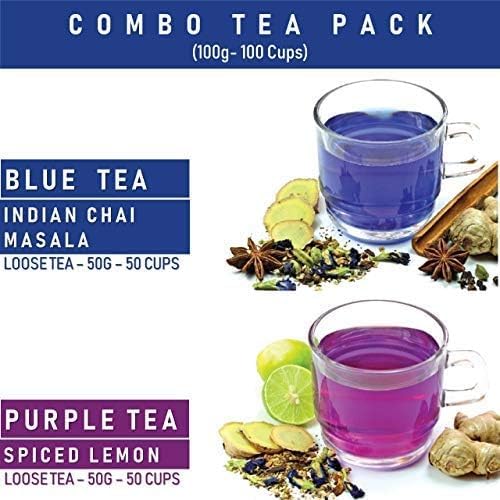 BLUE TEA - Combo Pack - Blue Tea Indian Chai Masala & Purple Tea Spiced (100 Gram - 100 Cups) | FATHERS DAY GIFT | Super Anti-Oxidant | Caffeine Free Herbal Tea | Vegan - GMO-Free - caffeine-free