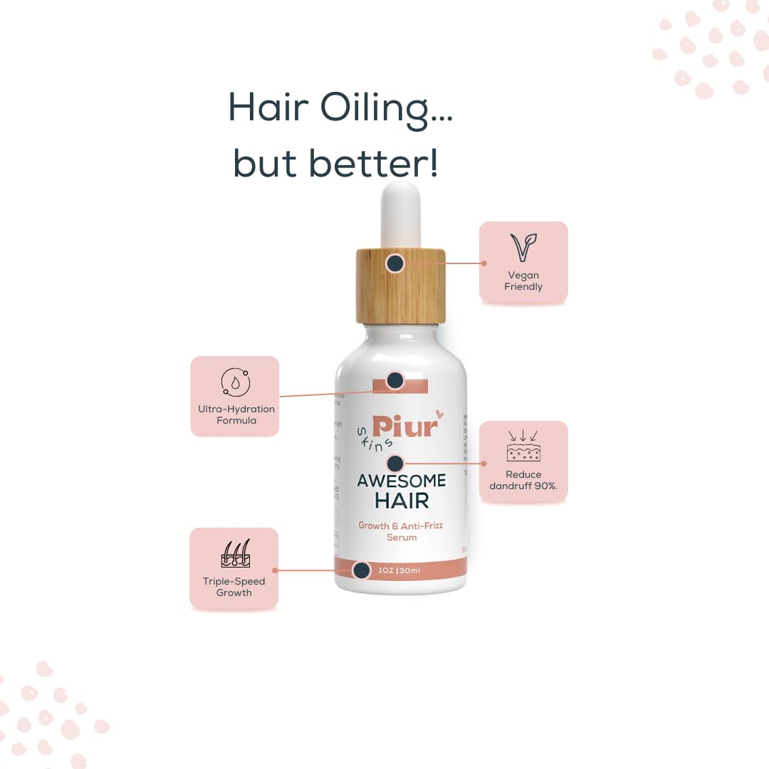 Piur Skins Awesome Hair Growth Serum with Organic Oils & Hyaluronic Acid - Natural Scalp Nourishment for Thicker, Stronger Hair - 30ml, White