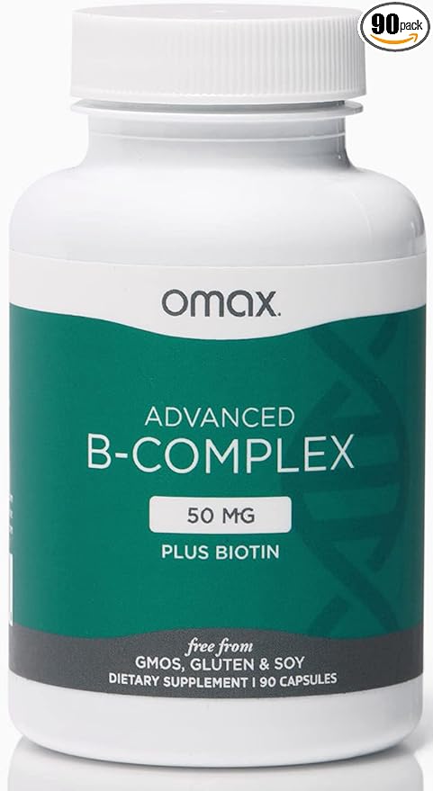 Omax3 Advanced Vitamin B Complex 50MG with Biotin | Strong & Shiny Hair, Skin Nails, Support Stress, Immunity, Energy Metabolism, 90 Capsules