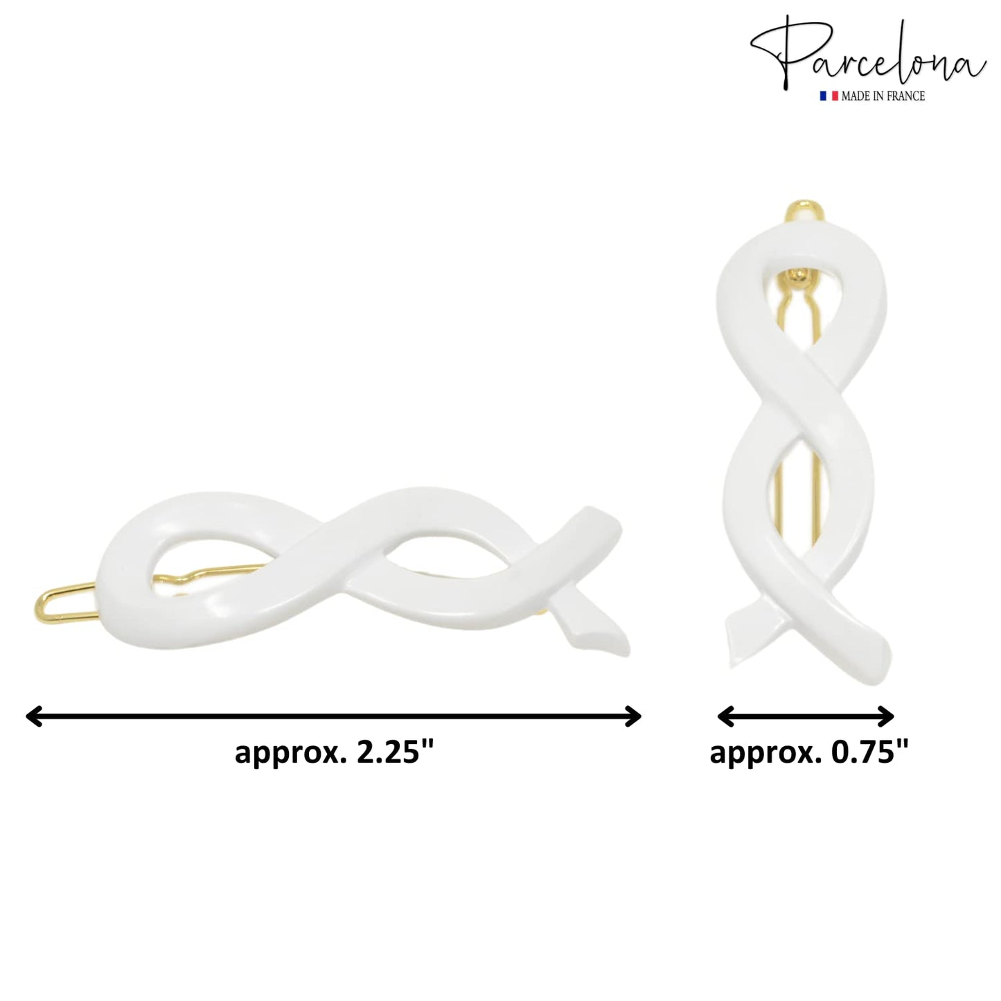 Parcelona French Infinity Ribbon Small 2 1/4" Celluloid French Hair Slides Clips for Women Tige Boule Clasp Girls Side Slide-in Barrette Clip Paris Hair Accessories for Women Strong Hold No Slip Grip Fashion Durable Styling, Made in France (Solid White)