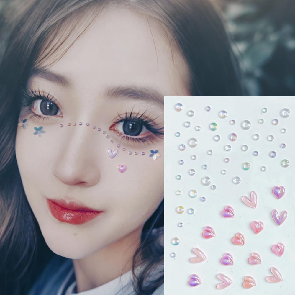 Heart Rhinestone Tattoo Stickers for Makeup, V Heart Shape Face Eye Gems, Self Adhesive Face Jewelry with Clear Pink Purple, Cute Love Face Stickers, Birthday Rave Concert Party Supplies