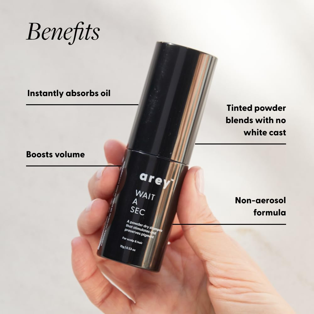 Arey Wait A Sec™ Dry Shampoo | Absorbs Oil & Adds Volume + Reduce the Signs of Aging Hair with Science-Backed Formula to Preserve Pigment | Non Aerosol Tinted Powder | Vegan, Cruelty-Free (0.53 oz)