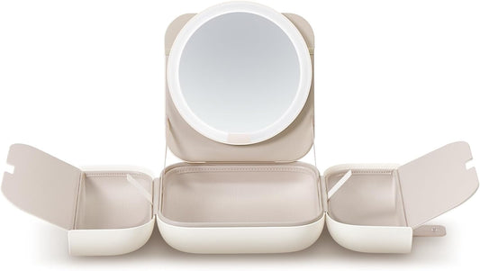 AMIRO M2 Travel Makeup Bag with 5 Level Brightness & 3 Color LED Mirror, Portable Makeup Artist Organizer, White