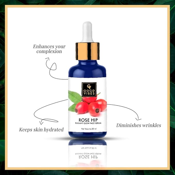 Good Vibes Rosehip Face Serum with Vitamin E | Hydrating Serum for Reducing Dark Circle & Spots | Ideal for Dry & Dehydrated Skin | 1.01 Fl Oz/30ml