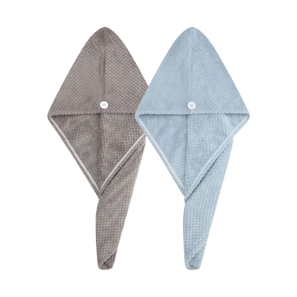 2 Pack Absorbent Microfiber Hair Towel Wrap,Anti-frizz Hair Drying Towel with Button to Dry Hair Quickly,25.6X9.8 inch (Gray&Blue)