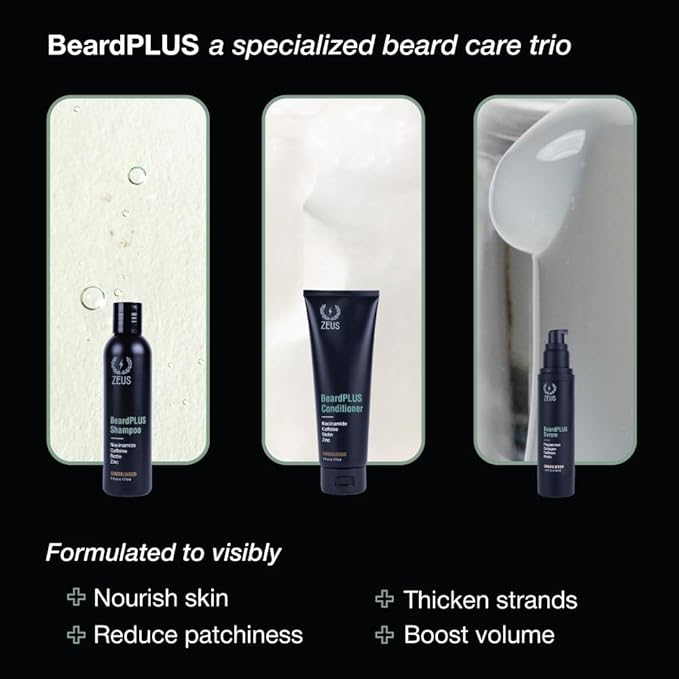ZEUS BeardPLUS Essential Beard Growth Set, Premium Shampoo & Conditioner Wash and Growth Serum for Thicker & Stronger Facial Hair with Biotin (Made in USA) 3-Piece Set