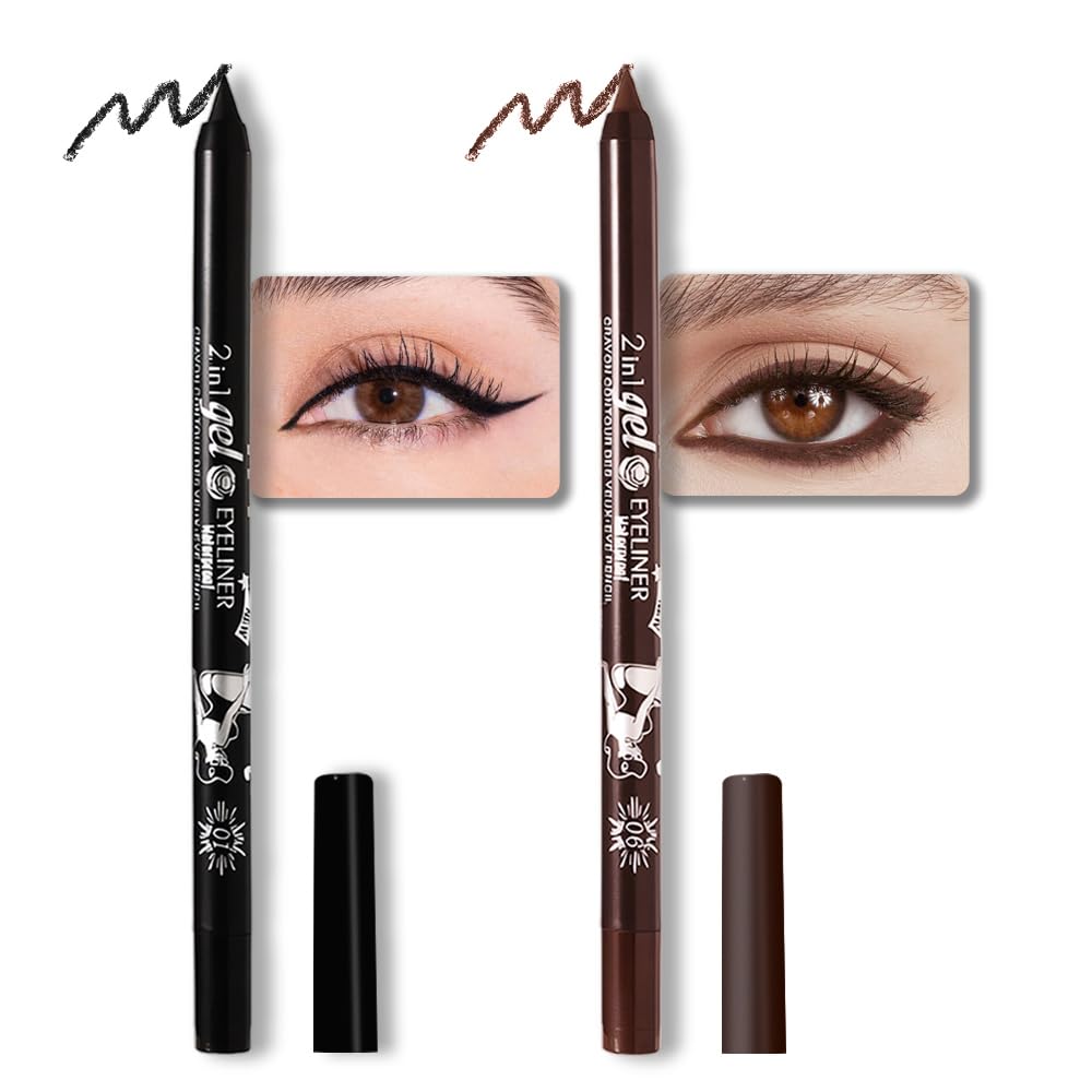evpct 2Pcs Black & Dark Brown Color Gel Glitter Eyeliner Pencils Set for Women Waterline Waterproof Smudge Proof lapiz de ojos delineador de ojos contra el agua Eye Liner Makeup
