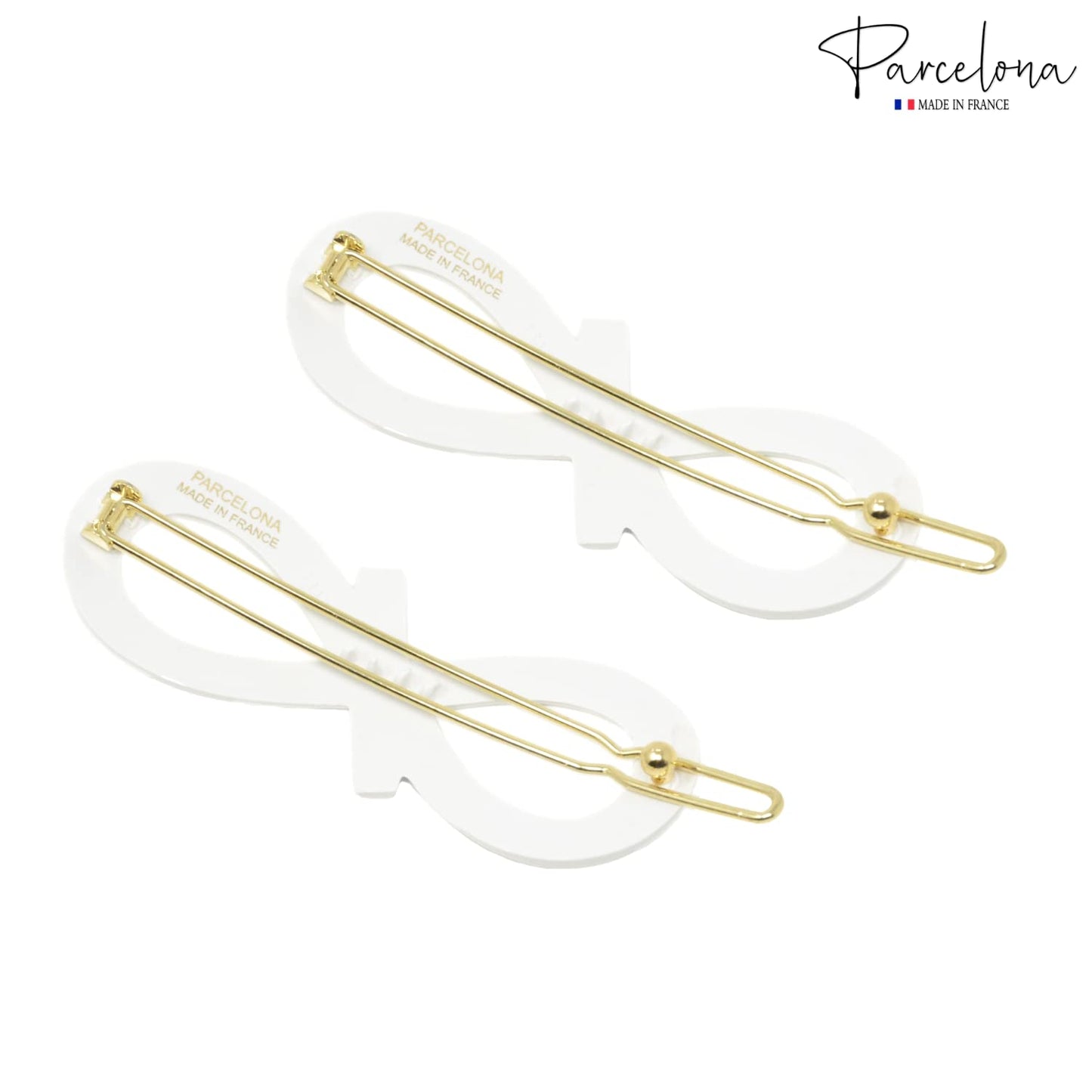 Parcelona French Ribbon Knot Infinity 2 1/4" Small Celluloid Acetate Hair Clips with Tige Boule Clasp Set of 2 Fashion Durable Styling No Slip Grip Women Hair Accessories Girls Side Slide-in Barrette Clip ,Made in France (Solid White)