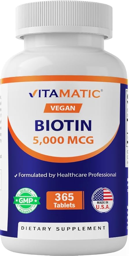 Vitamatic Biotin 5000mcg (5 mg) for Stronger Hair, Skin & Nails - 365 Vegan Tablets- Also Called Vitamin B7