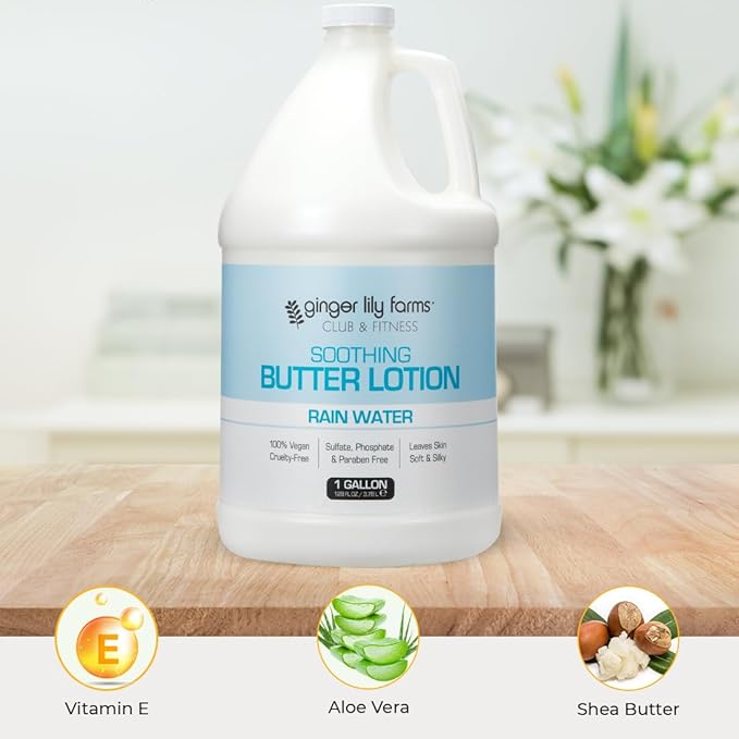 Ginger Lily Farms Club & Fitness Soothing Butter Lotion for Dry Skin, 100% Vegan & Cruelty-Free, Rain Water Scent, 1 Gallon (128 fl oz) Refill