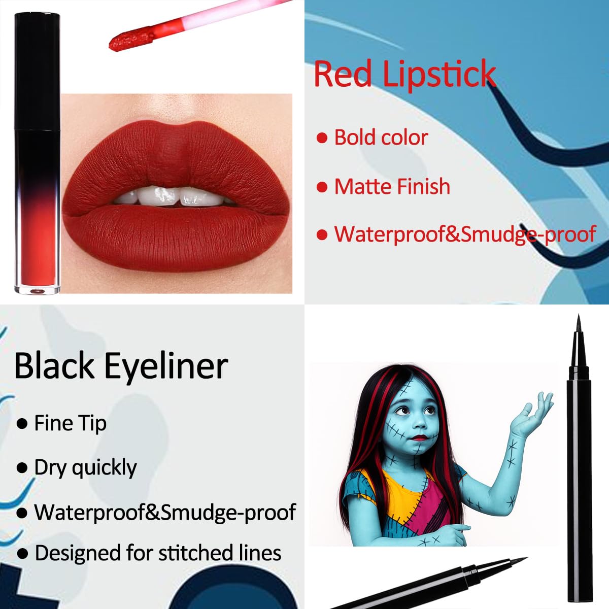 Mysense Sally Makeup Kit,Halloween Sally Costume Corpse Bride Makeup,Sally Face Cosplay Accessories for Women Girls Kids,Light Blue Face Paint+Red Lipstick+Black Liquid Eyeliner+Sponges