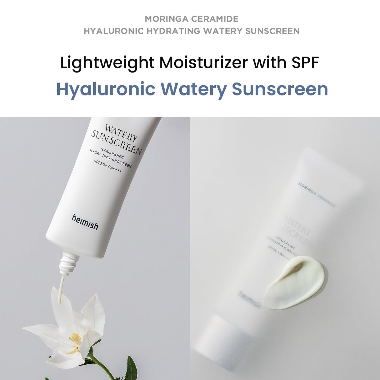 HEIMISH Moringa Ceramide Hyaluronic Hydrating Watery Sunscreen - SPF Face Moisturiser, Daily Sunscreen For Face, Broad Spectrum SPF 50, Non-greasy, Lightweight with Hyaluronic Acid, 1.7fl.oz/50ml